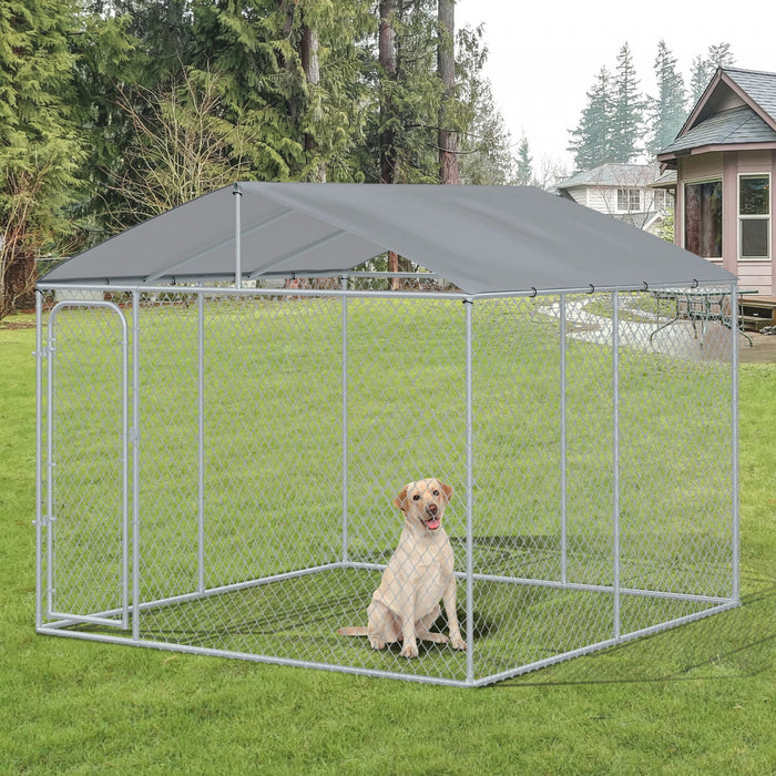 Pawhut Dog Kennel Outdoor Run Fence With Roof, Steel Lock, Mesh Sidewalls For Backyard & Patio, 9.8'