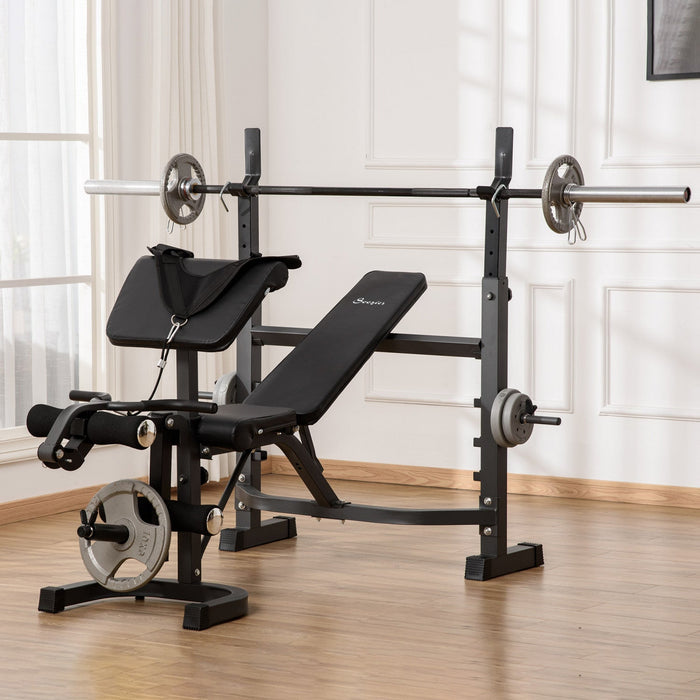 Soozier Weight Bench Stand With Squat Rack, Adjustable Olympic Bench, Multifunctional Arm Curl Pad, 