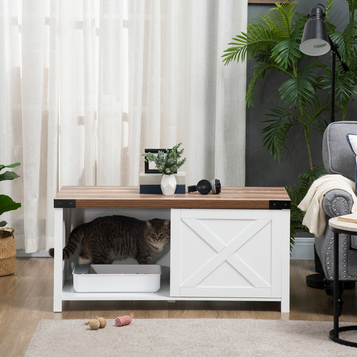 Pawhut Cat Litter Box Enclosure With Sliding Door, Cat Washroom Storage Bench With Cat Hole, Indoor 