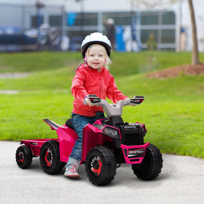 Aosom 6v Kids Atv Quad, Battery Powered Ride-On Electric Vehicle For Kids With Back Trailer, Wear-re