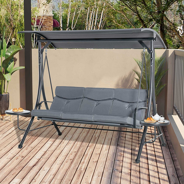 Outsunny 3 Seat Outdoor Swing Chair Steel Swing Bench Porch Swing With Adjustable Canopy, Coffee Tab