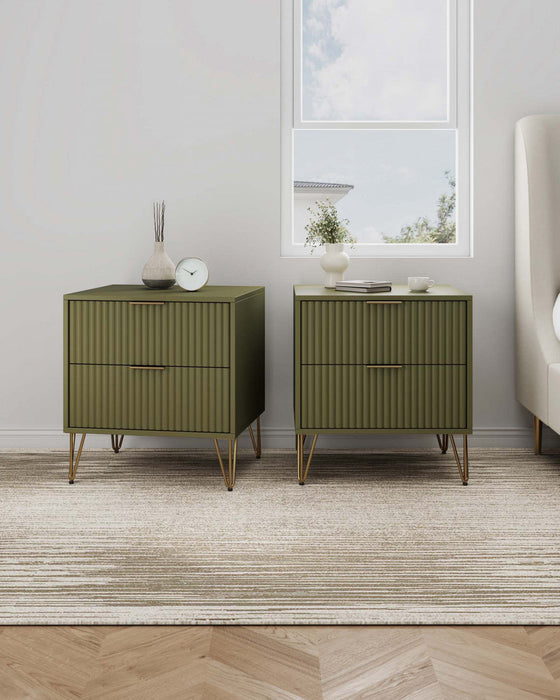 Dumbo Modern 20\" Fluted Nightstand in Olive Green (2-Drawer) - Set of 2 