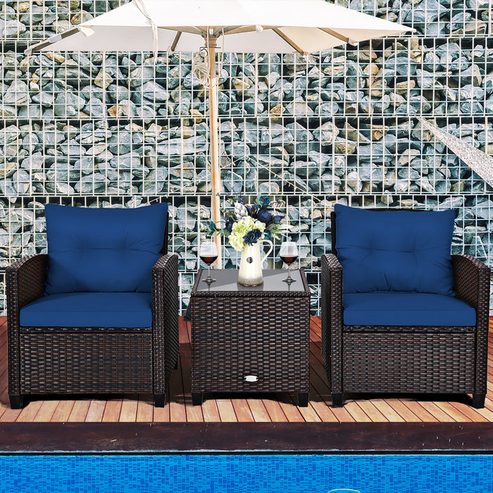 Costway 3pcs Patio Rattan Furniture Set Cushioned Conversation Set Coffee Table Navy