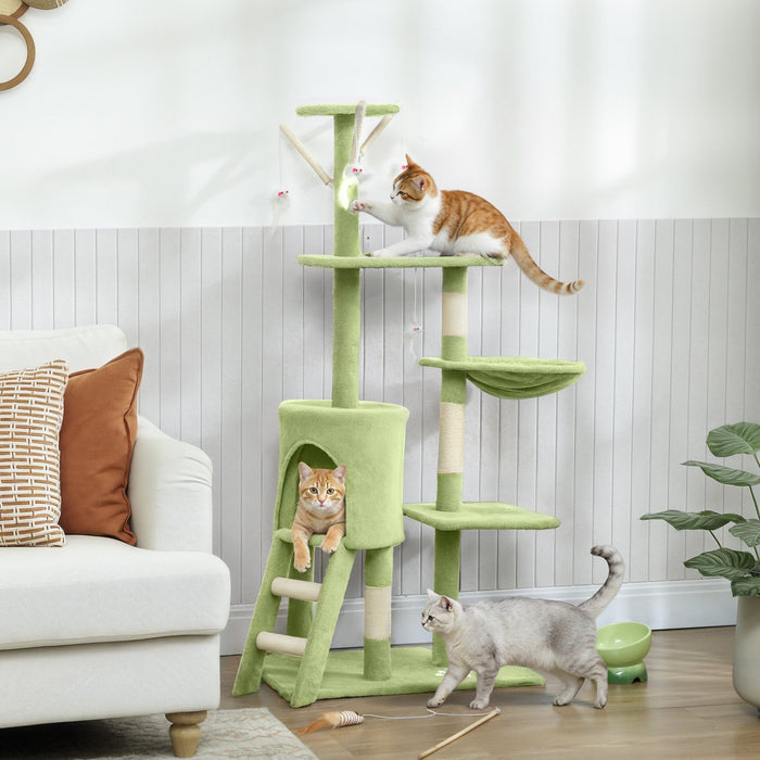 PawHut Cat Tree, 53" Cat Tower for Indoor Kittens with Sisal Scratching Posts, Plush Perches, Condo, Hammock, Ladder, Dangling Toys, Multi-Level Kitty Activity Centre, Green