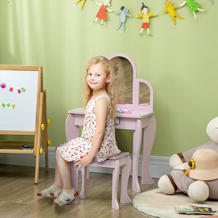 Qaba Kids Dressing Table And Chair Set, Girls Dressing Set, Makeup Desk With Drawer For 3-6 Years Ol