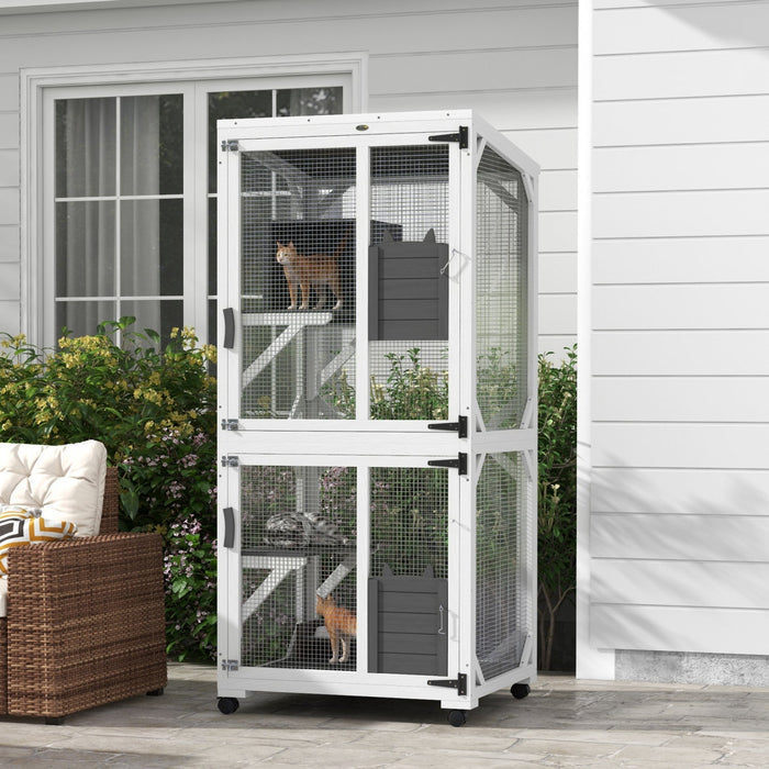 Pawhut Outdoor Cat House, Large Catio Wooden Kitten Enclosure Elevated Design, With Wheels, Resting 