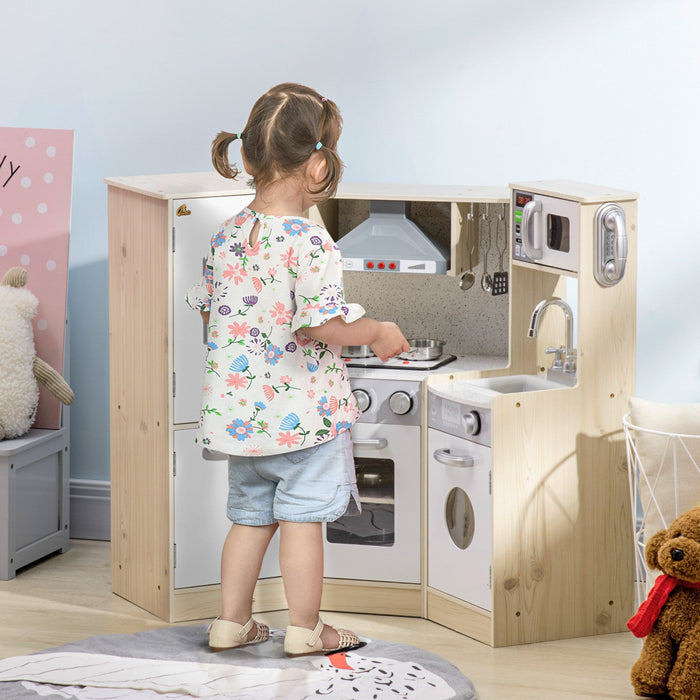 Qaba Wooden Play Kitchen With Lights Sounds, Corner Kids Kitchen Playset With Play Phone, Ice Maker,