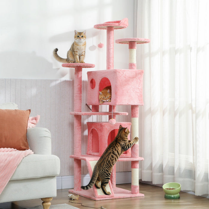 PawHut 63" Cat Tree, Cat Tower for Indoor Cats with Scratching Posts, Cat Condos, Bed, Platforms, Ramp, Toy Ball, Cat Activity Center, Pink