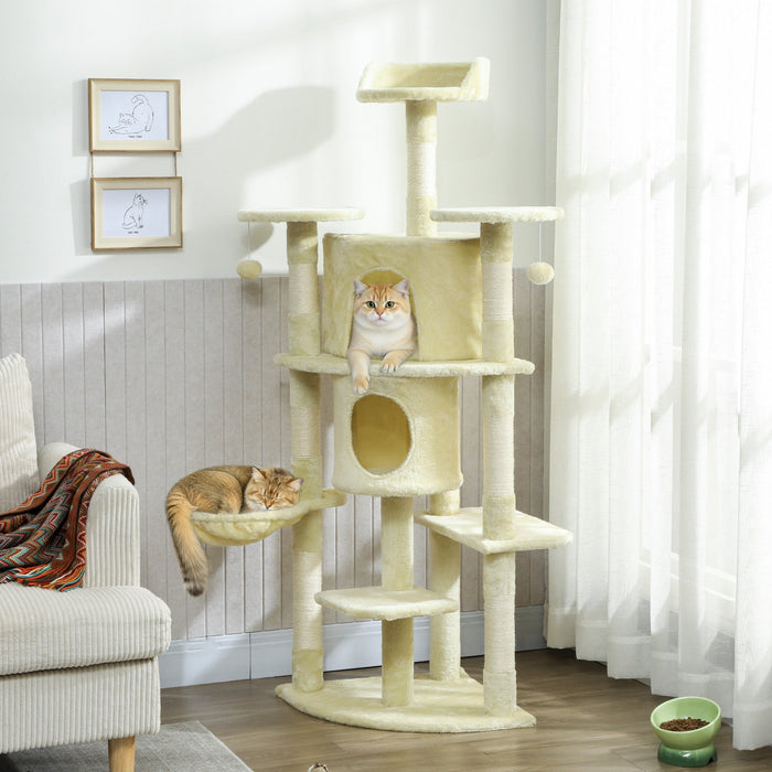 PawHut Cat Tree, 62" Multi-Level Cat Tower with Scratching Posts, 2 Condos, Hammock, Perches, Plush, Pompoms, for Indoor Kittens Playing, Resting, Sleeping, Beige