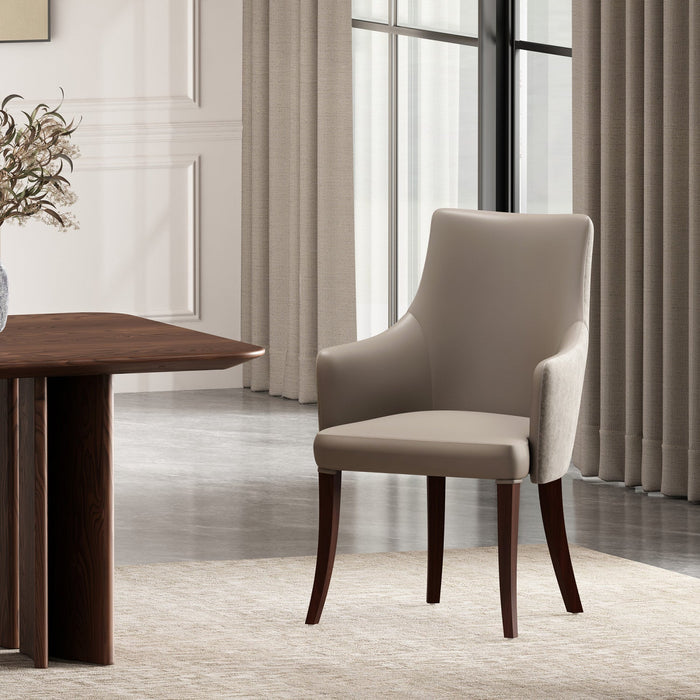 Connie Modern Wood Vegan Leather and Velvet Armchair in Taupe 