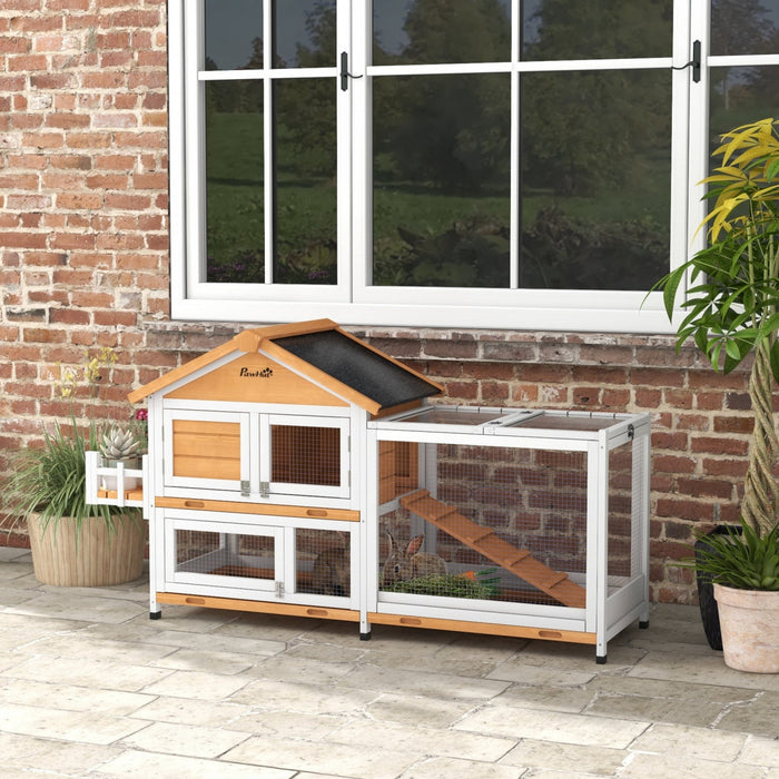 Pawhut 65" Wooden Rabbit Hutch, Pet Playpen With Openable Roof, Bunny House Enclosure With Storage Box, Slide-out Tray, Ramp, For Rabbits And Small Animals, Yellow