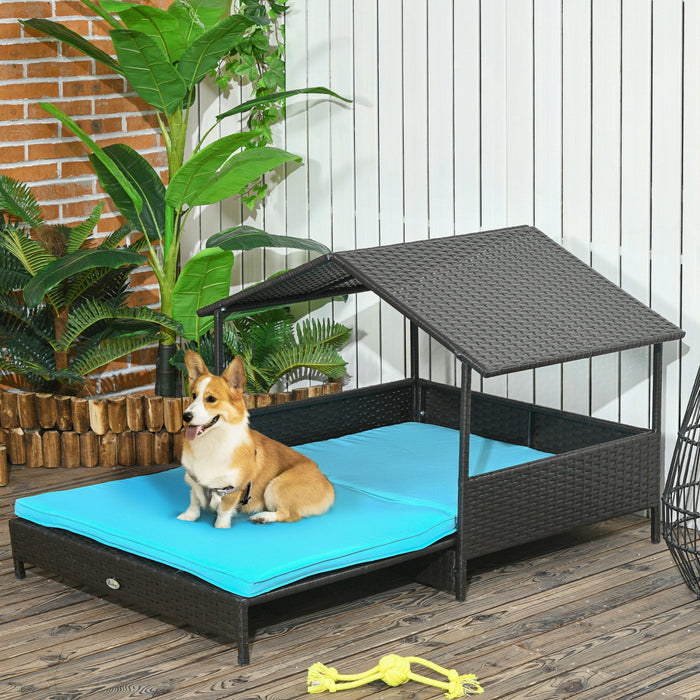 Pawhut Elevated Rattan Dog House Outdoor With Canopy, Extendable Wicker Dog Bed With Water-resistant