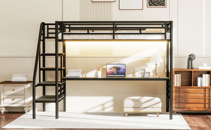Cherry Twin Loft Space-saving Metal Bed With Desk, Led Light - Black 