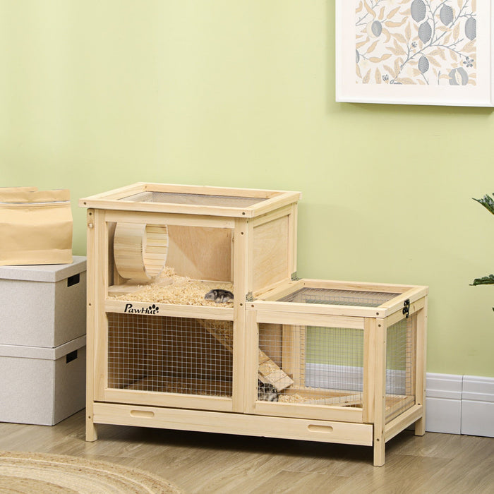 Pawhut Wooden Hamster Cage, Mice Rodent Small Animals Kit Hutch, 2 Tiers Exercise Play House, With S