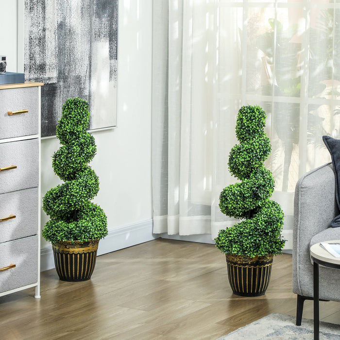 HOMCOM Set of 2 Artificial Plants Topiary Spiral Boxwood Trees in Pot