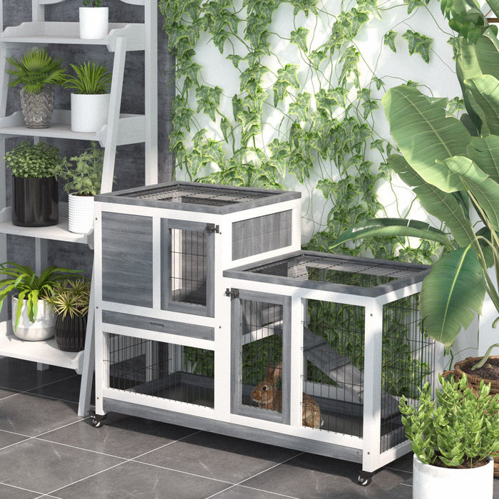 Pawhut Rabbit Hutch Indoor Bunny Cage Guinea Pig House On Wheels With Run, Pull Out Trays, Grey And 