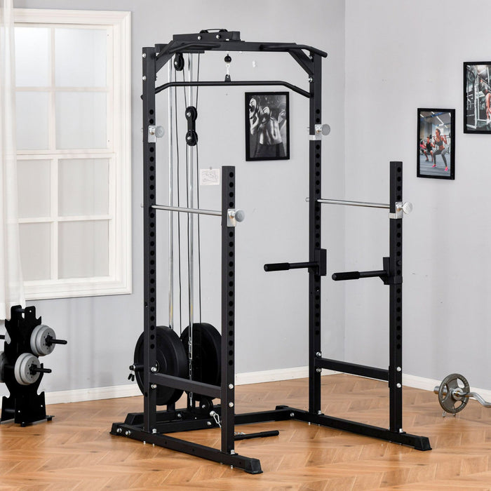 Soozier Power Cage, Power Rack With Lat Pulldown Attachment, Pull-up Bar, T Bar Row Landmine And Dip