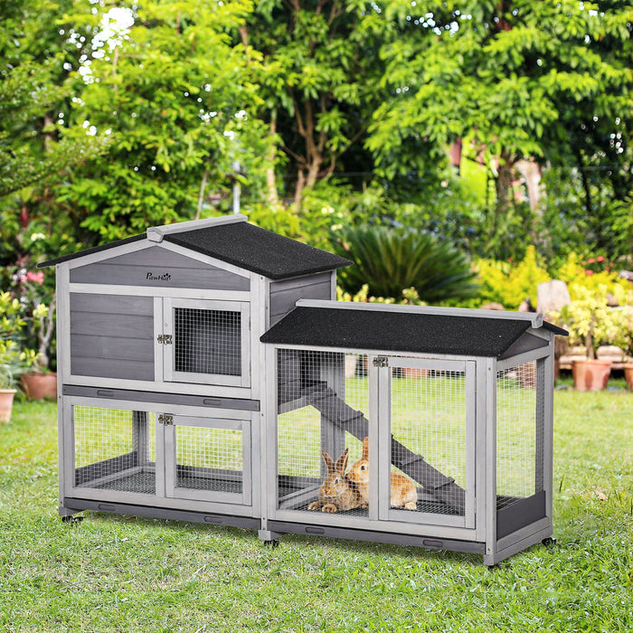 Pawhut 62\" Wooden Rabbit Hutch, Bunny Cage With Wheels, Run Box, Tray, Ramp For Small Animals, Guine