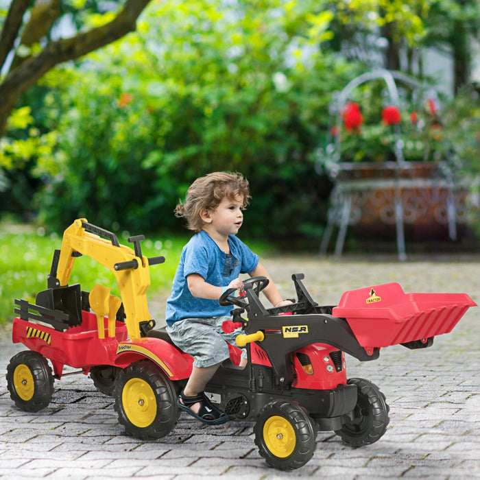 Aosom 3 In 1 Kids Ride On Excavator Toy With 6 Wheels, Bulldozer With Controllable Cargo Trailer & E