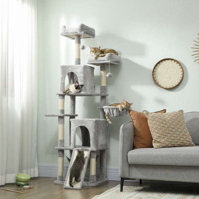 PawHut Cat Tree, 70" Multi-Level Cat Tower for Indoor with 2 Condos, 2 Plush Top Perches, Hammock, Platforms, Toy Balls, Sisal Scratching Posts and Board, Light Grey
