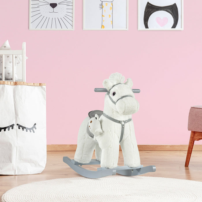 Qaba Kids Plush Ride-on Rocking Horse With Bear Toy, Children Chair With Soft Plush Toy & Fun Realis