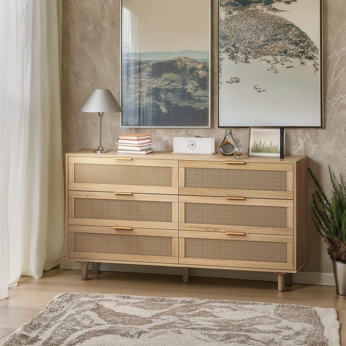51.18\" Mila Modern 6 Drawer Rattan Storage Cabinet with Engineered Wood Frame - Natural 