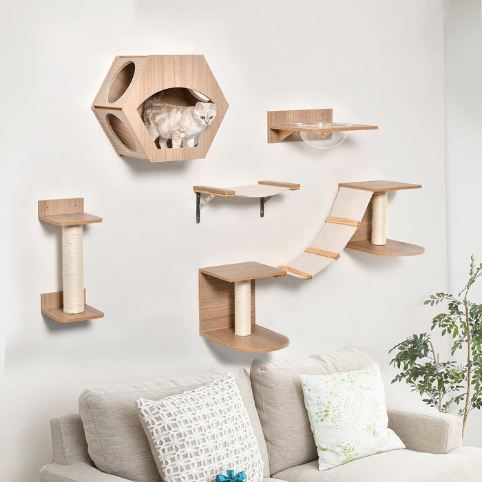 Pawhut Cat Tree 5pcs Pet Wall-mounted Climbing Frame Shelf Set Kitten Perch Activity Center With Ham