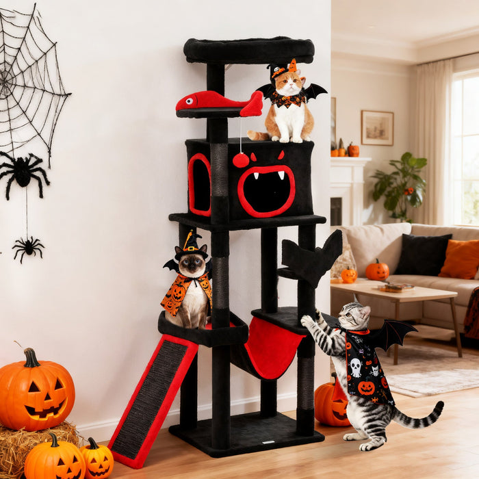 PawHut Gothic Cat Tree, 60" Multi-Level Cat Tower for Indoor Kittens Large Adult with Coffin Bed, Sisal Scratching Posts & Ramp, Condo, Hammock, Perches, Dangling Toys, Black