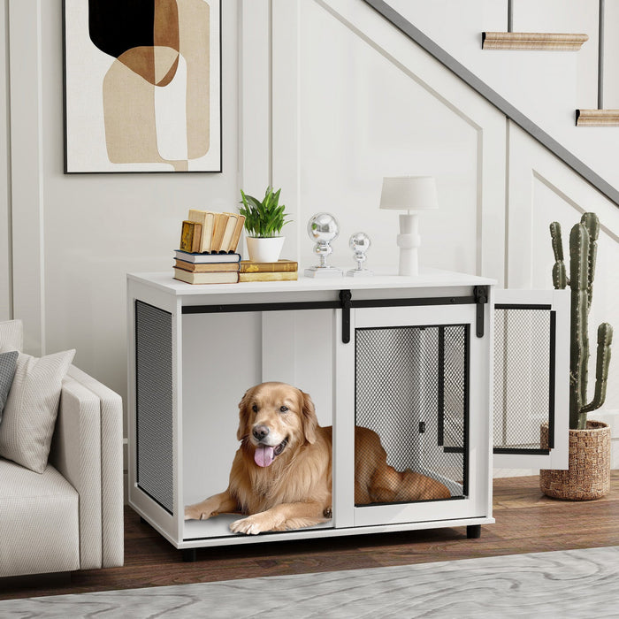 Pawhut Dog Crate Furniture, 39\" Dog Kennel End Table With Sliding Barn Door, Furniture Style Dog Cag