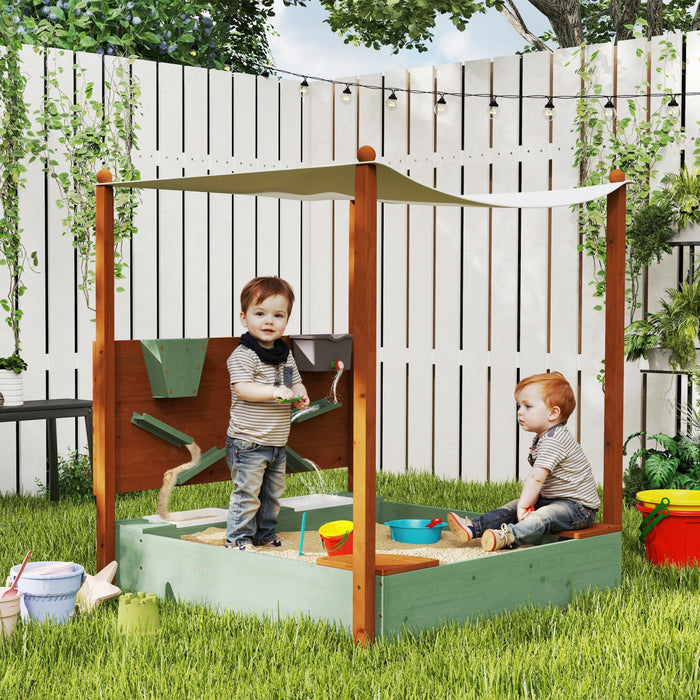 Qaba Kids Sandbox with Canopy, Sand Wall, Bottom Liner, 2 Storage Bins, Kids Outdoor Playset Sand Box for Backyard, Lawn, Garden, Beach, for 3-6 Years, 46" L x 44" W x 50" H