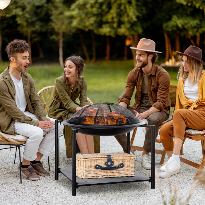 Outsunny 74cm Outdoor Fire Pit With Screen Cover And Storage Shelf, Wood Burning Fire Bowl With Poke