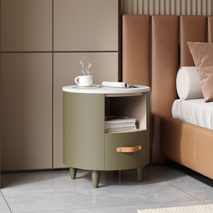 Olivia Modern Curved Design Round Nightstand with Storage Drawer,Green  