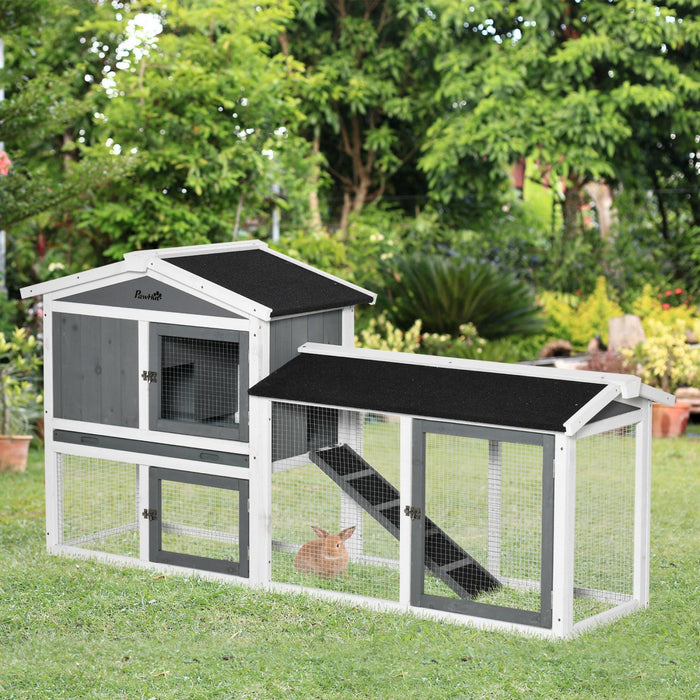 PawHut 69" Wooden Rabbit Hutch Pet Playpen Bunny House Enclosure with Run Box, Slide-out Tray, Ramp, for Rabbits and Small Animals, White