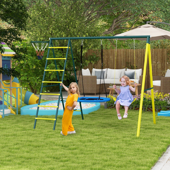 Outsunny 5 In 1 Swing Set For Kids With Saucer Swing, Seat, Climbing Ladder/net, Basketball Hoop, Me