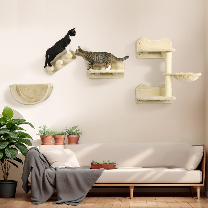 Pawhut Cat Wall Climber With Hammock, Scratching Post, 3 Steps, Jumping Platforms, Cat Wall Shelves 