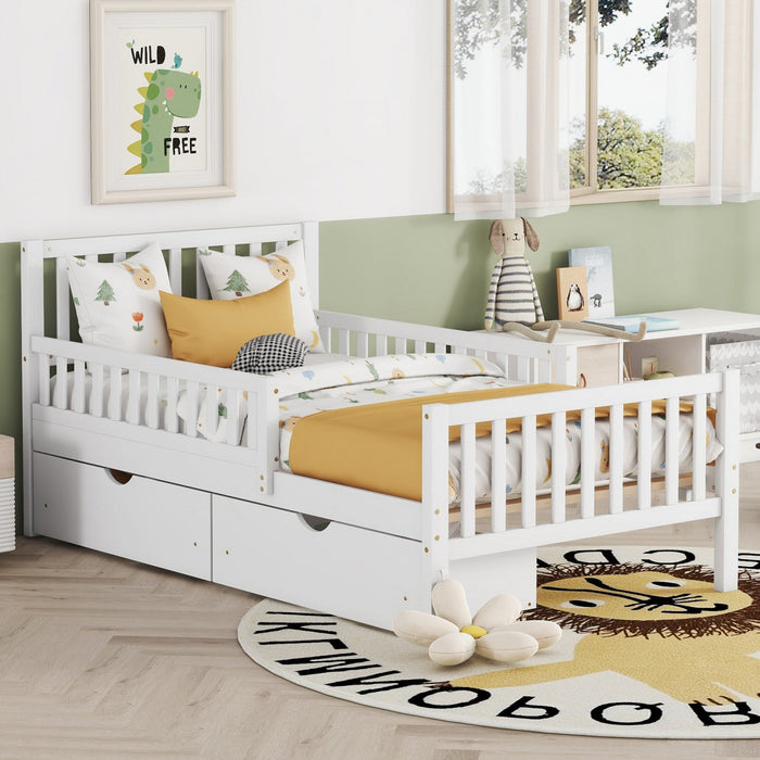 Emma Wood Platform Bed with Guardrails and Storage Drawers,Twin Size - White 