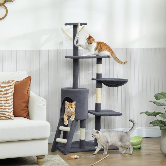 PawHut Cat Tree, 53" Cat Tower for Indoor Kittens with Sisal Scratching Posts, Plush Perches, Condo, Hammock, Ladder, Dangling Toys, Multi-Level Kitty Activity Centre, Dark Grey