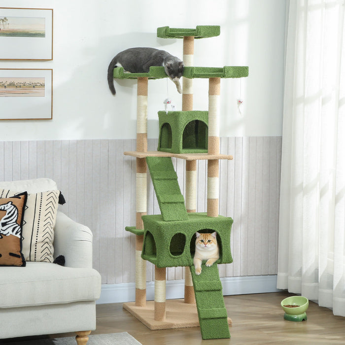 PawHut 68 inches Cat Tree, Multi-Level Large Cat Tower Condo with Scratching Posts, Perches, Cat Houses, Dangling Toy, Green