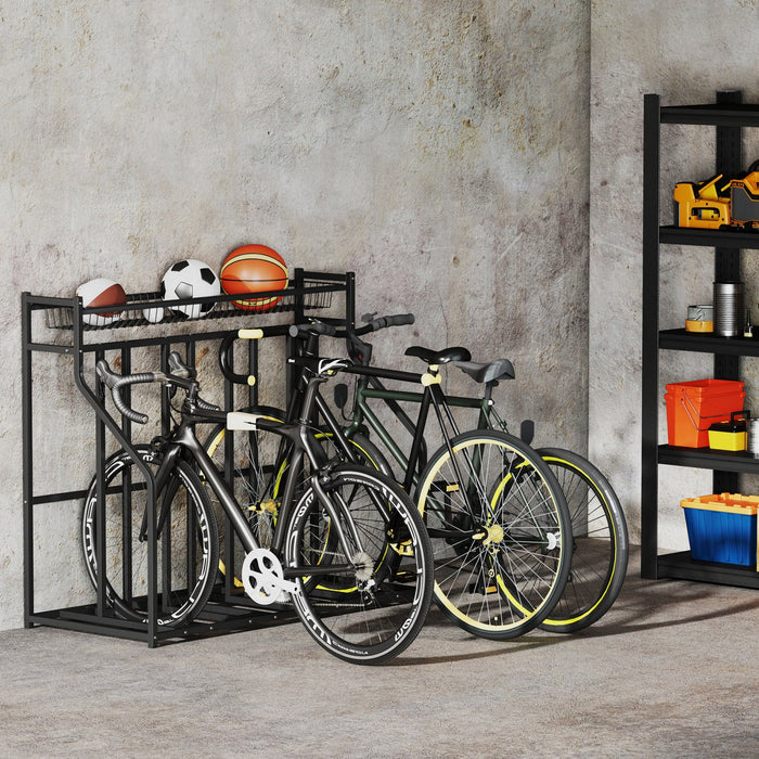 Soozier 4 Bicycle Bike Stand, Floor Bike Storage Rack With Basket, Hooks