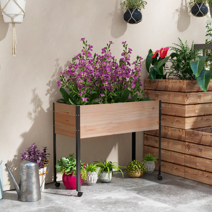 Outsunny Wooden Raised Garden Bed With Wheels, Elevated Planter Box With Metal Legs, Drainage Holes 