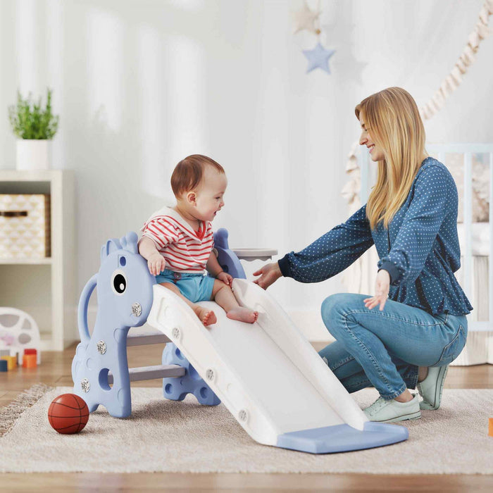 Qaba Toddler Slide, 3 in 1 Kids Slide for Toddler Aged 1-3 with Climber, Basketball Hoop and Ball, Baby Playset with Giraffe Design, for Indoor and Outdoor Play, Blue
