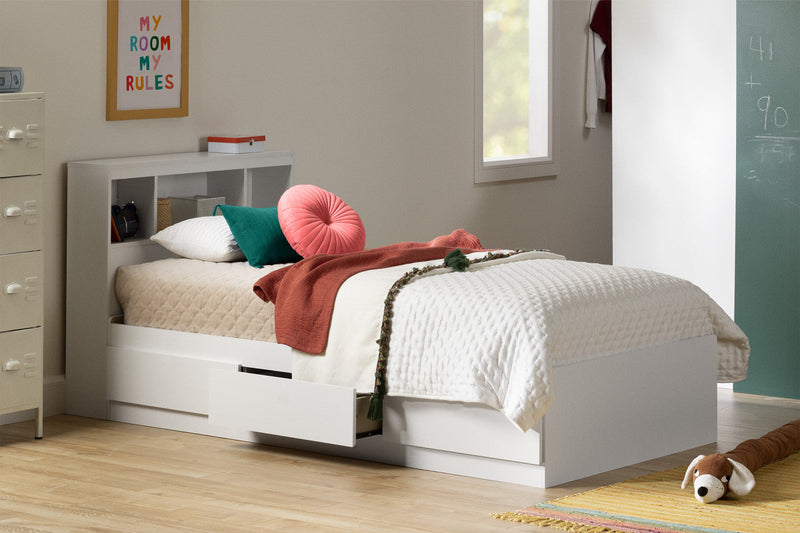 Reevo Mates Bed With Bookcase Headboard Set - Pure White 