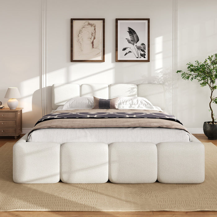 Aiden Platform Bed with Supportive Upholstered Frame in Boucle Fabric,Queen Size,White Queen Bed  