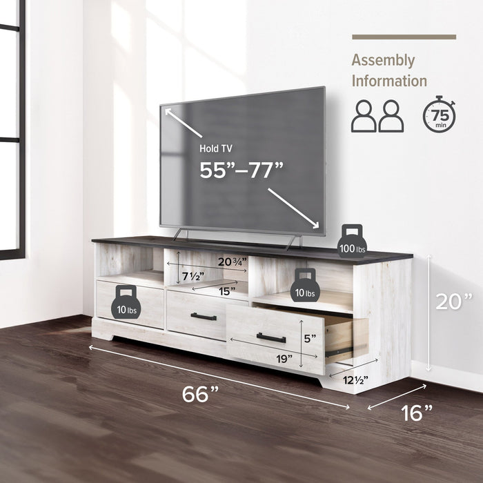 Prepac Rustic Ridge 66\" TV Stand - Washed White
