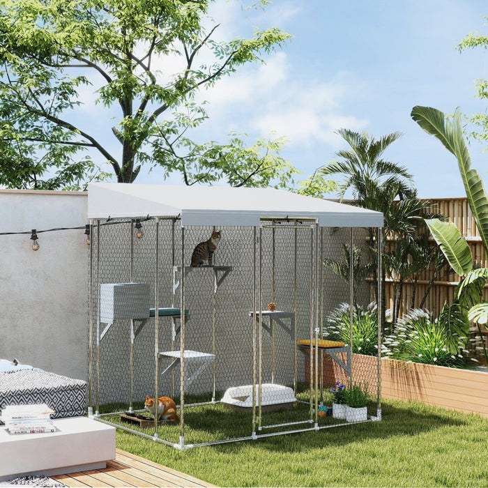 Pawhut Catio Outdoor Cat Enclosure Large, 79" L Galvanized Steel Outdoor Cat House With 420d Waterproof Canopy, Multiple Platforms, Resting Condo, Lockable Door, For 1-3 Large Cats