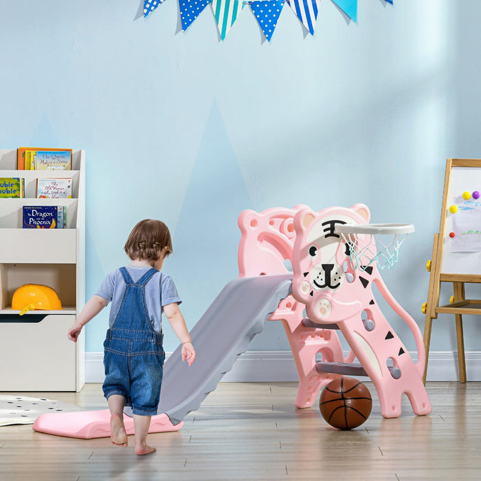 Qaba 2 In 1 Toddler Slide For Indoor, Easy Set Up Kids Slide Playset With Basketball Hoop For 18-36 