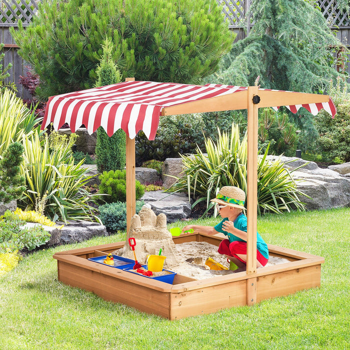 Kids Wooden Sandbox, Children Play Sand Station Outdoor With Adjustable Height Cover Lid, Bottom Lin
