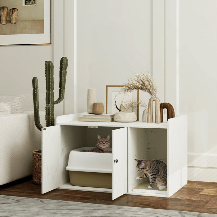 Pawhut Litter Box Enclosure, 32" Hidden Washroom Furniture With Scratching Mat, Cat Entrance, Indoor Pet House, Side End Table Fit Most Of Cat And Litter Box, Distressed White