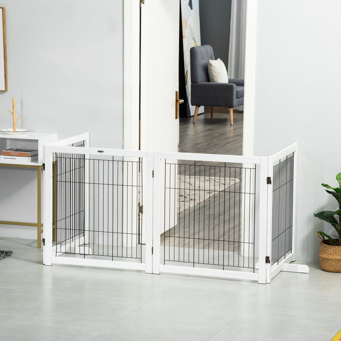 Pawhut Wooden Dog Gate Foldable Pet Fence For Small & Medium Dogs 4 Panel With Support Feet Freestan