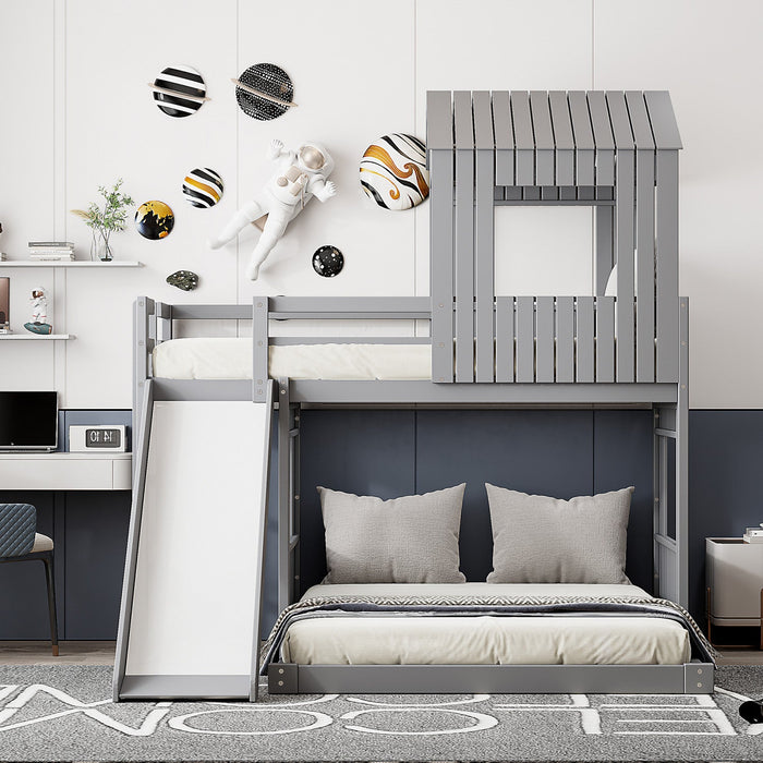 Marico Twin Over Solid Wood Full Bunk Bed With Slide, Playhouse Design - Grey 